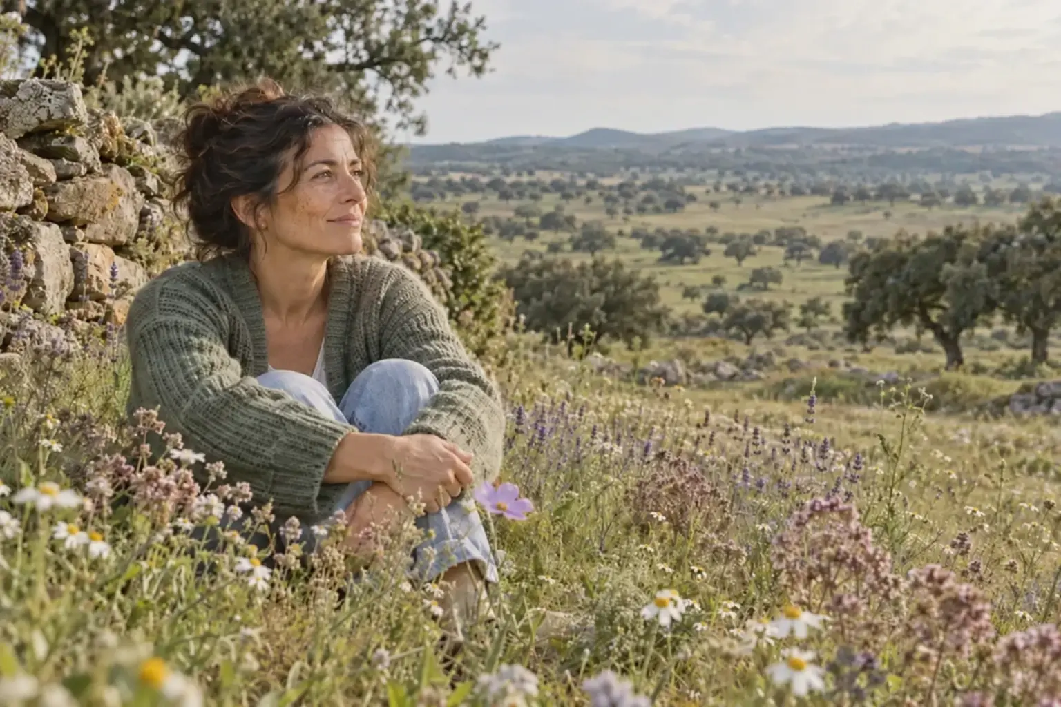 Mujer sentada junto a un muro de piedra en una dehesa en flor, mirando el paisaje con calma