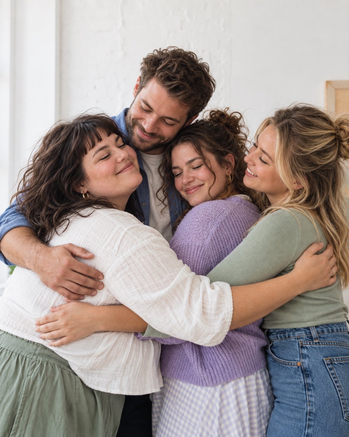 Cuatro personas abrazadas con los ojos cerrados y sonriendo, muy juntas